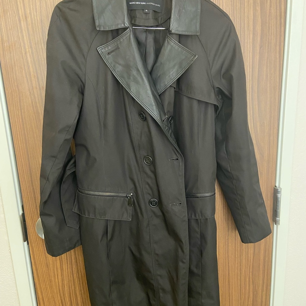 Andrew Marc New York Trench Coat Faux Leather Trim Black-Polyester-Women's XL